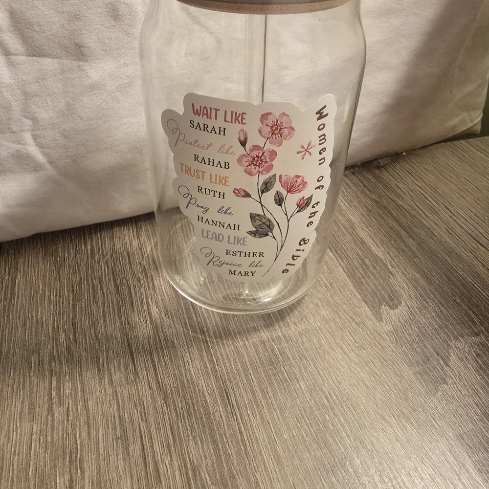 Floral 'Women of the Bible' Glass Tumbler with Straw - Pink Accents - Picture 4 of 10